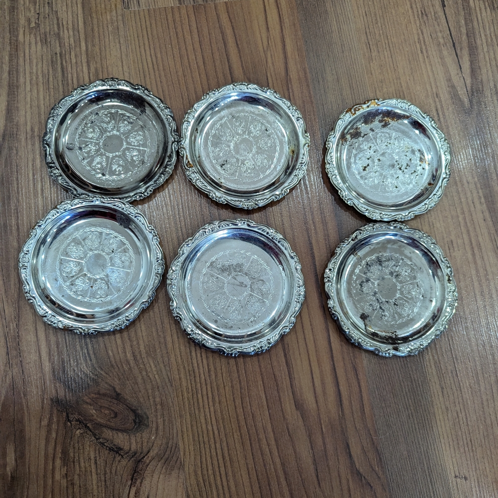 Vintage Set Of 6 Silver Plated EP On Steel Made In Hong Kong Coaster Set